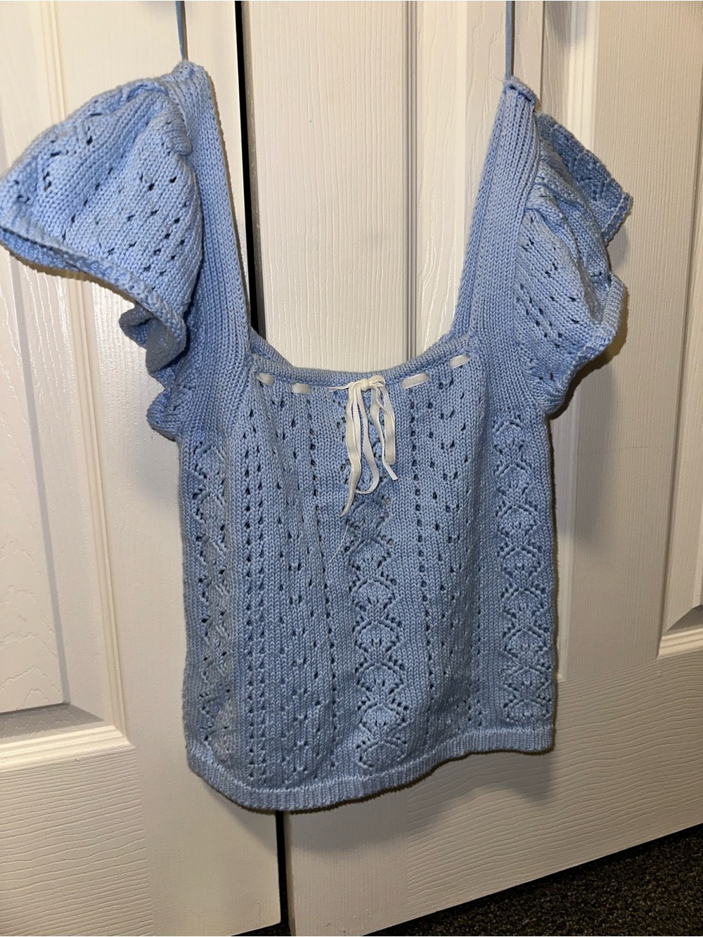 Haute Hippie Baby Blue Off-the-Shoulder Eyelet Knit Top